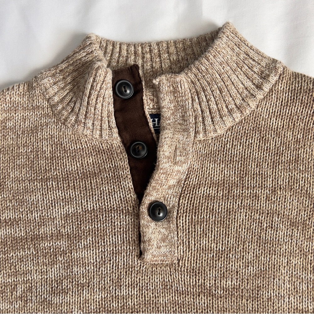 Chaps Tan 3 Button Mock Neck Elbow Patch Cotton Sweater Preppy Men’s Size XL - Picture 4 of 9